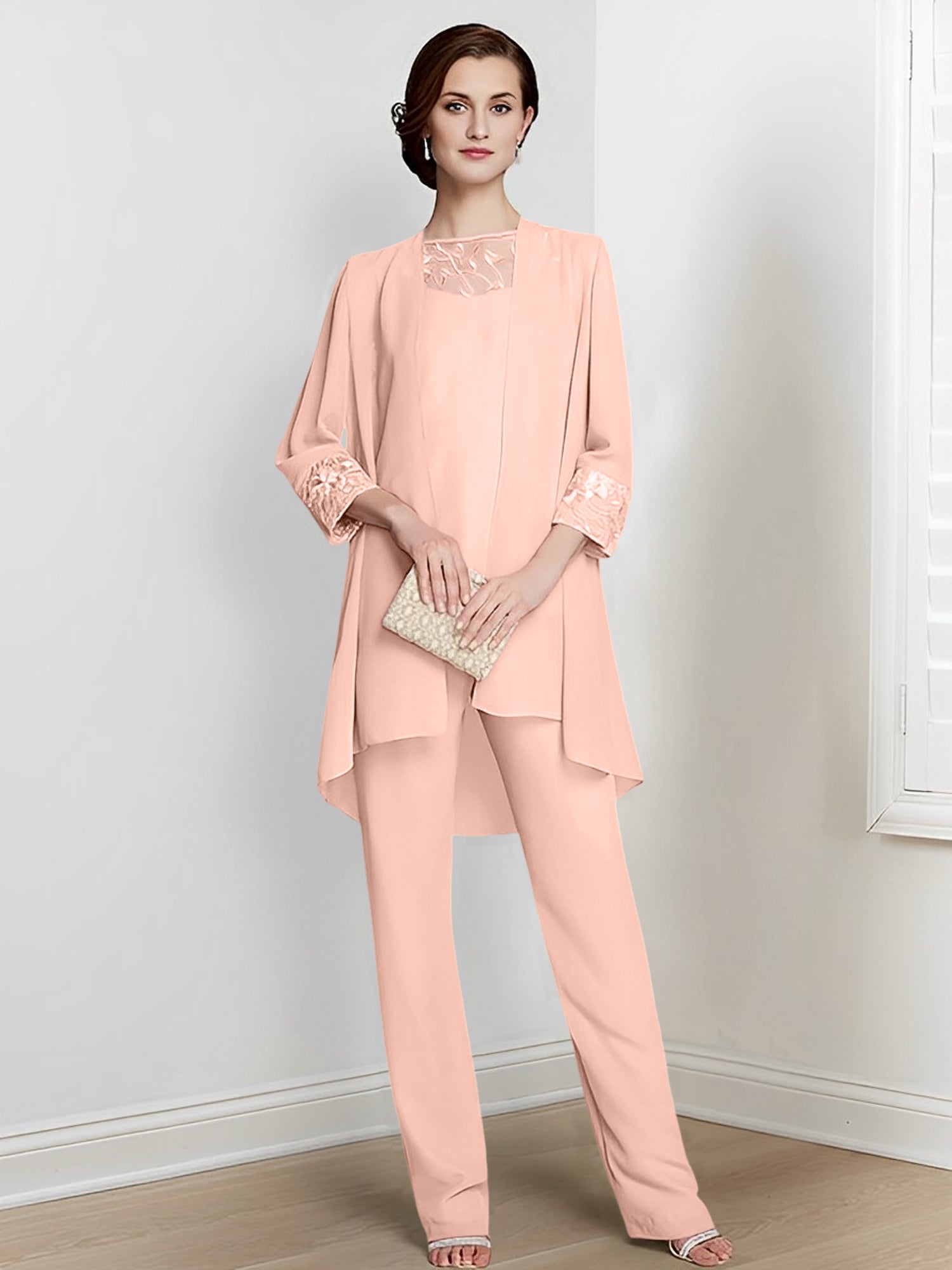 Floor-Length Square Neck Chiffon Pantsuit With Long Sleeves and Jacket for the Mother of the Bride