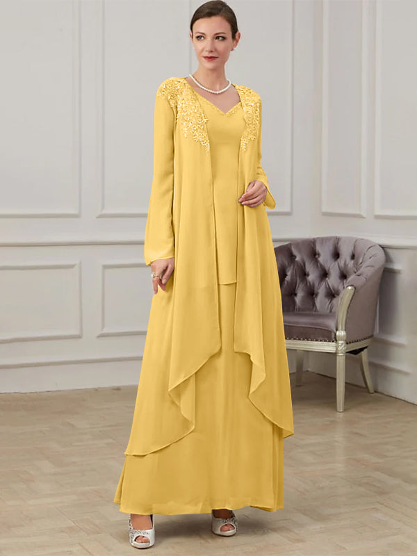 Floor-Length V-Neck A-Line Princess Gown for the Mother of the Bride