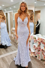 Dreamyannie Floral Lavender Lace Spaghetti Straps Lace Up Prom Gown With Slit Formal Evening Gown