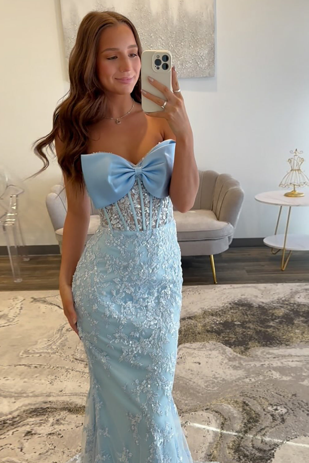 Floral Mermaid Sky Blue Prom Dress Strapless Long Formal Dress With Bow