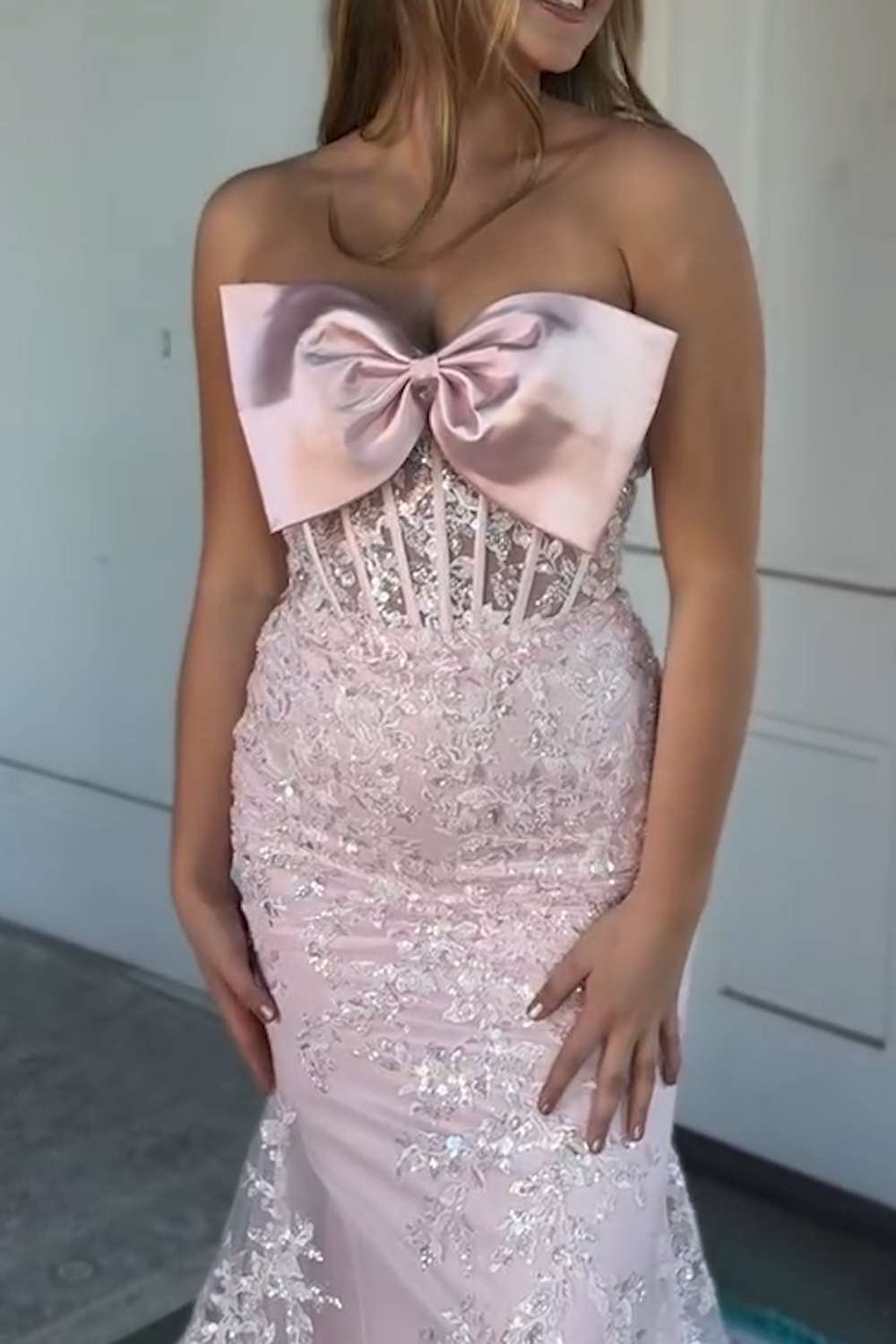 Floral Mermaid Sky Blue Prom Dress Strapless Long Formal Dress With Bow