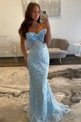 Floral Mermaid Sky Blue Prom Dress Strapless Long Formal Dress With Bow