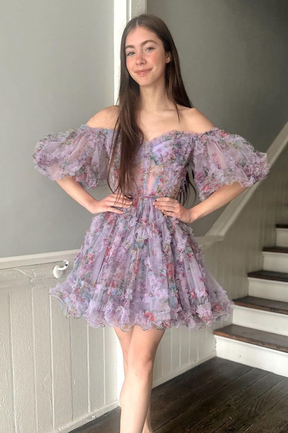 Floral Off-the-Shoulder A-Line Printed Short Graduation Dress