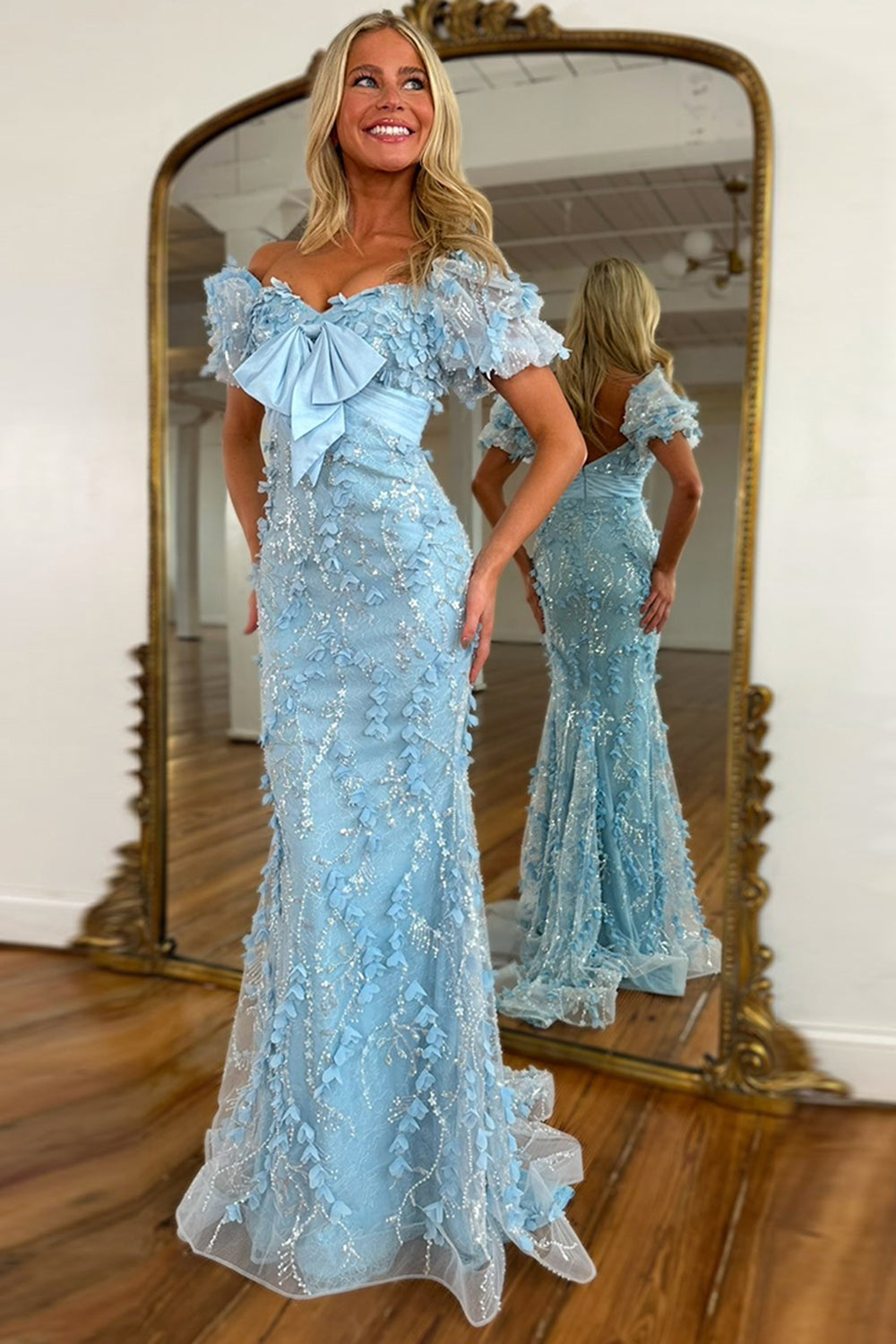 Floral Pink Prom Dress Mermaid Long Formal Dress With Puffsleeves