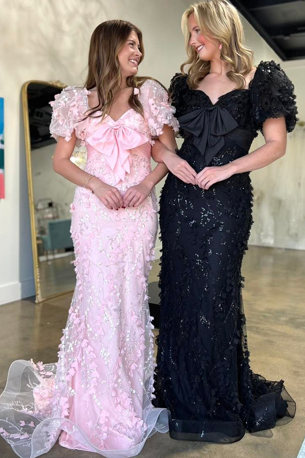 Floral Pink Prom Dress Mermaid Long Formal Dress With Puffsleeves