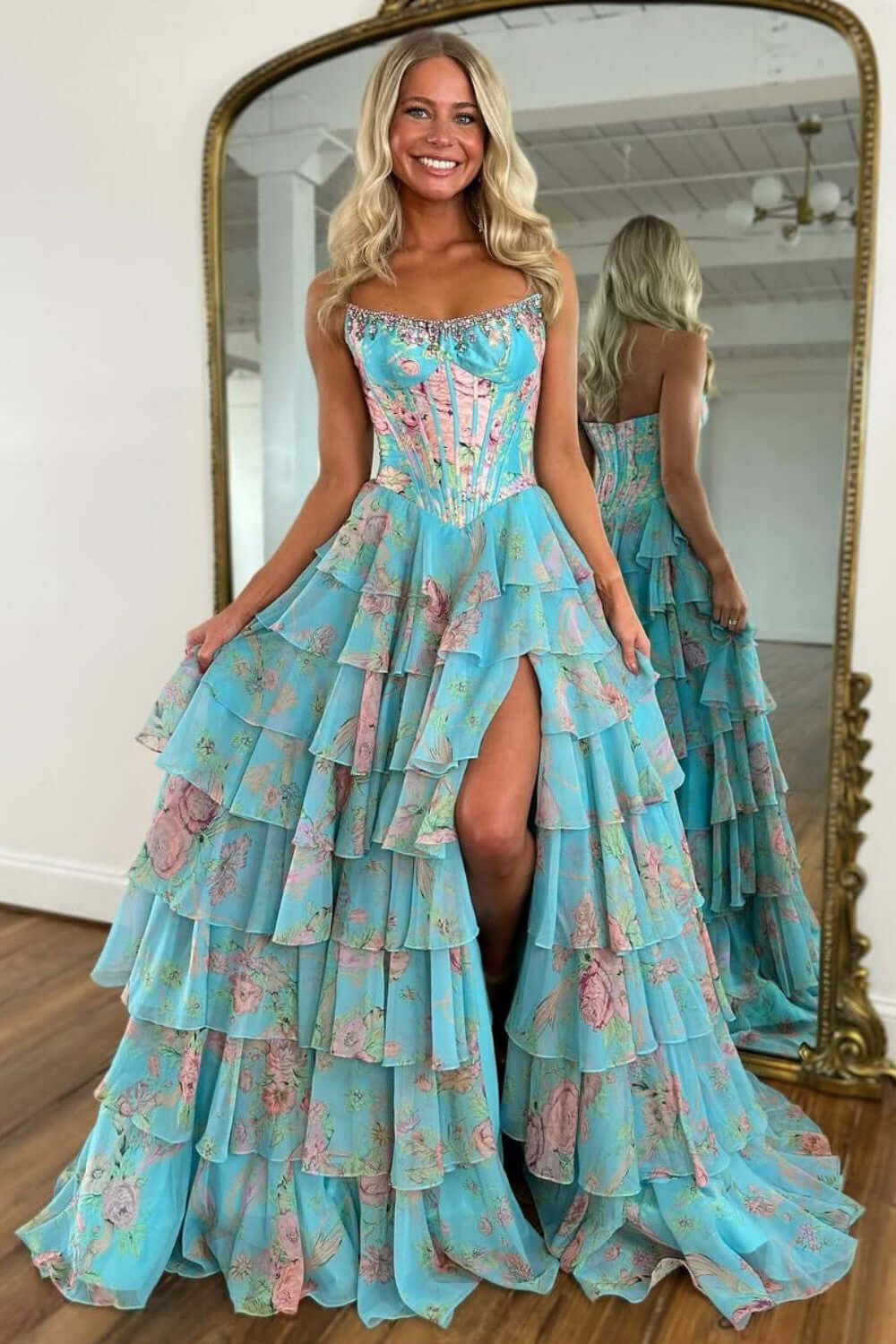 Floral Print Prom Dress Tiered Ruffle Formal Dress with Corset Detail & Front Slit