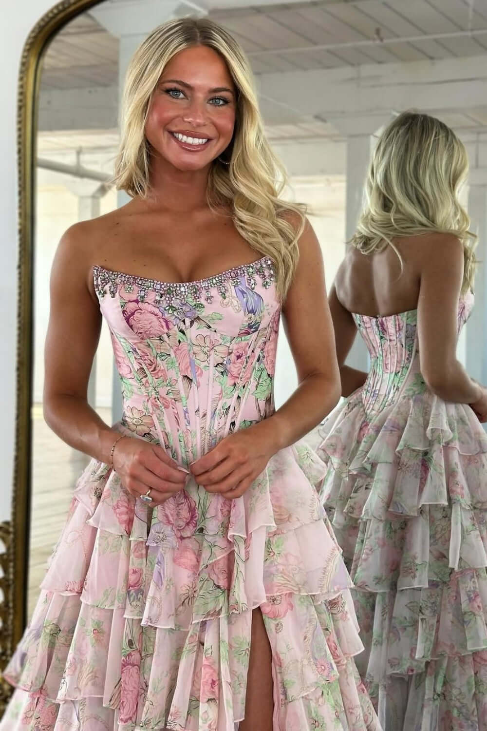 Floral Print Prom Dress Tiered Ruffle Formal Dress with Corset Detail & Front Slit