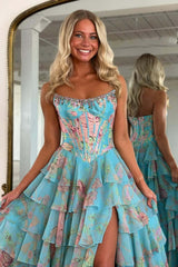 Floral Print Prom Dress Tiered Ruffle Formal Dress with Corset Detail & Front Slit