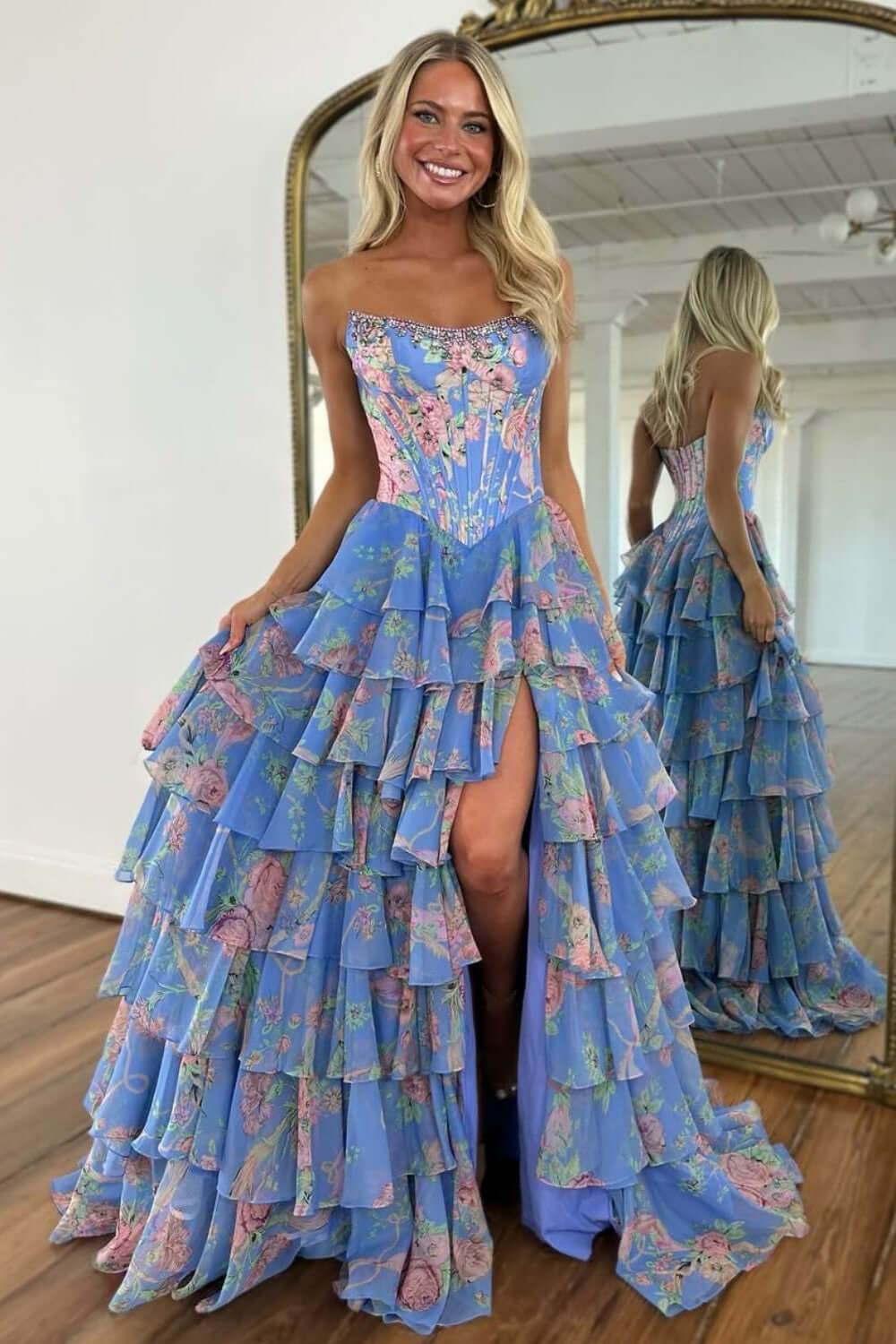 Floral Print Prom Dress Tiered Ruffle Formal Dress with Corset Detail & Front Slit
