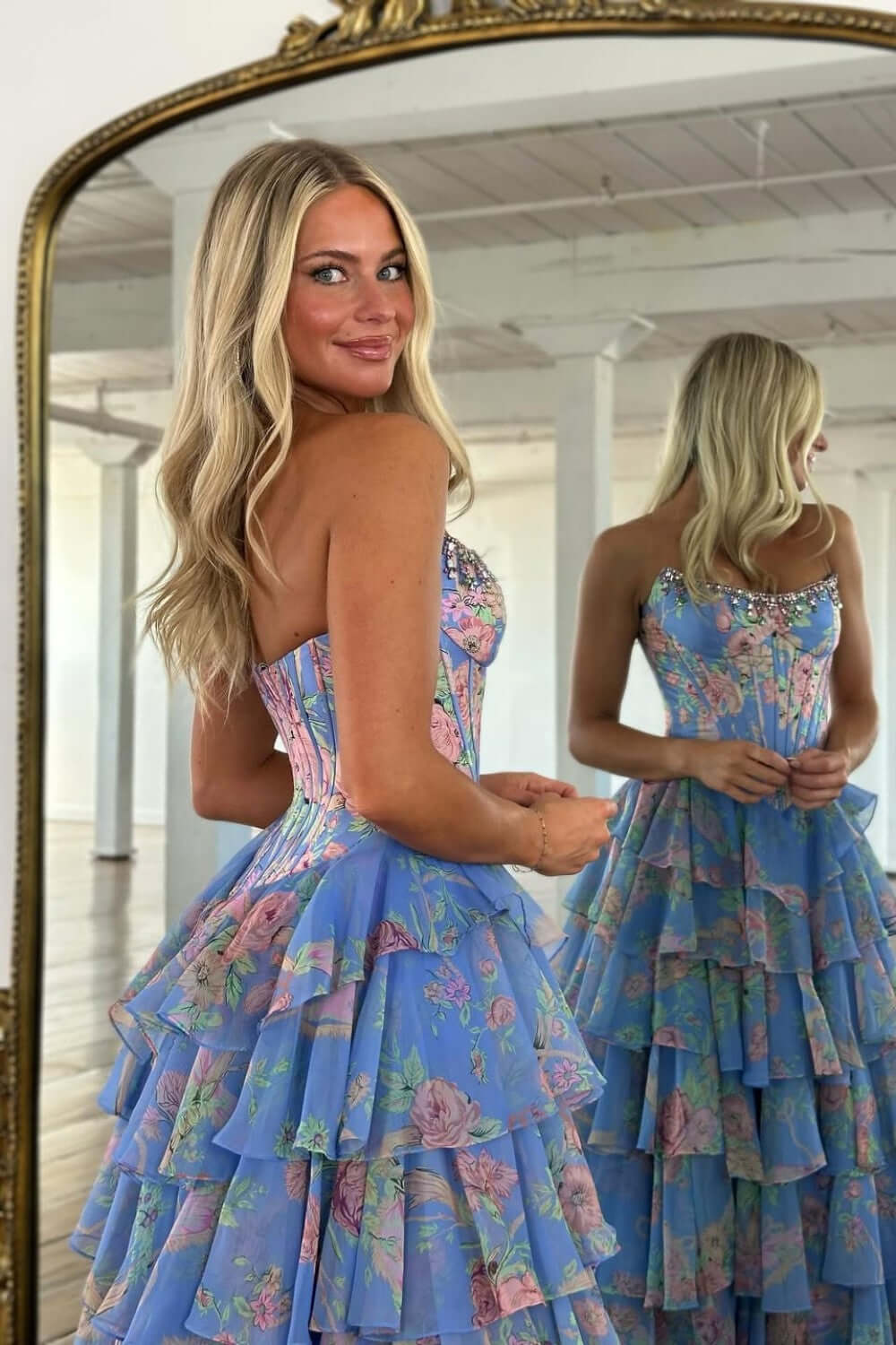 Floral Print Prom Dress Tiered Ruffle Formal Dress with Corset Detail & Front Slit