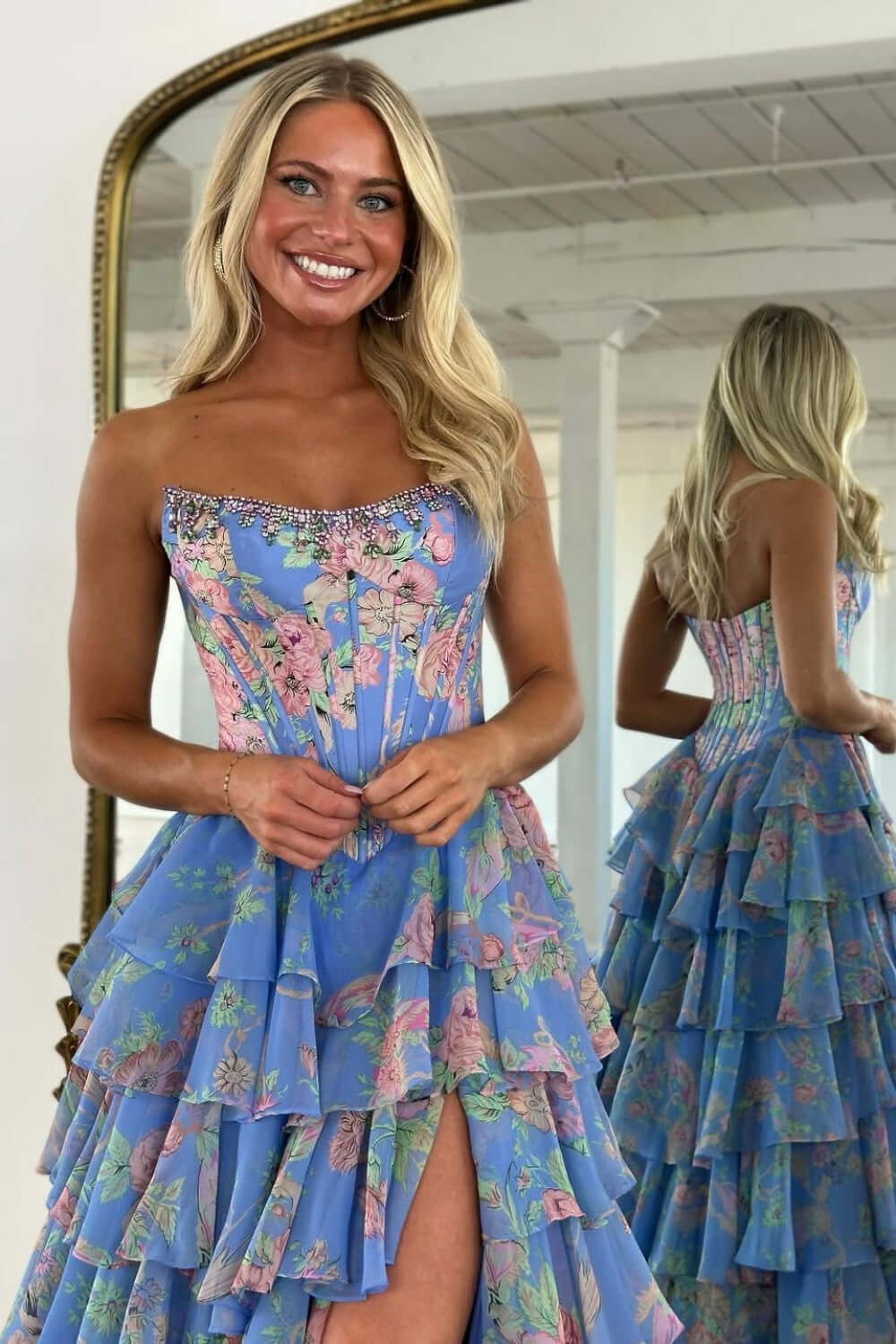 Floral Print Prom Dress Tiered Ruffle Formal Dress with Corset Detail & Front Slit