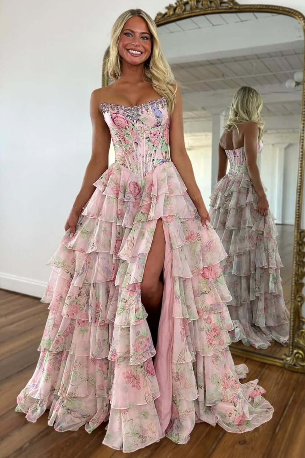 Floral Print Prom Dress Tiered Ruffle Formal Dress with Corset Detail & Front Slit