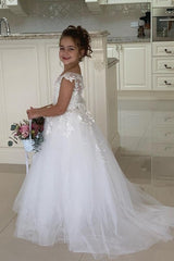 Ivory Tulle A LIne Flower Girl Dress with Lace Appliques