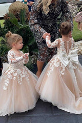 Ivory Champagne Long Sleeves A Line Flower Girl Dress with Appliques