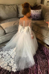 Ivory Long Sleeves Tulle A Line Flower Girl Dress with Lace Appliques