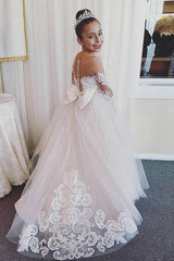 Ivory Long Sleeves Appliques Tulle Flower Girl Dress with Bowknot