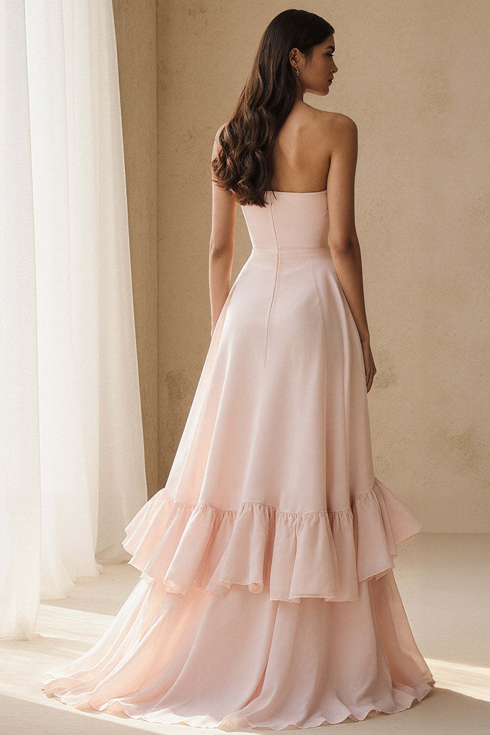 Dreamyannie UK Flowy Light Pink A Line Strapless Ruffled Long Prom