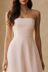 Flowy Light Pink A Line Strapless Ruffled Long Prom Dress