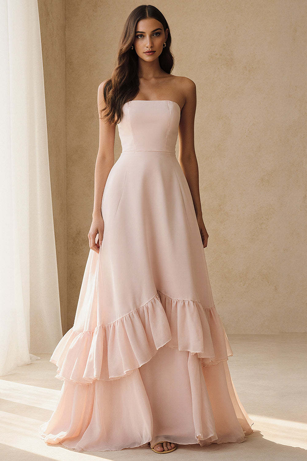 Flowy Light Pink A Line Strapless Ruffled Long Prom Dress