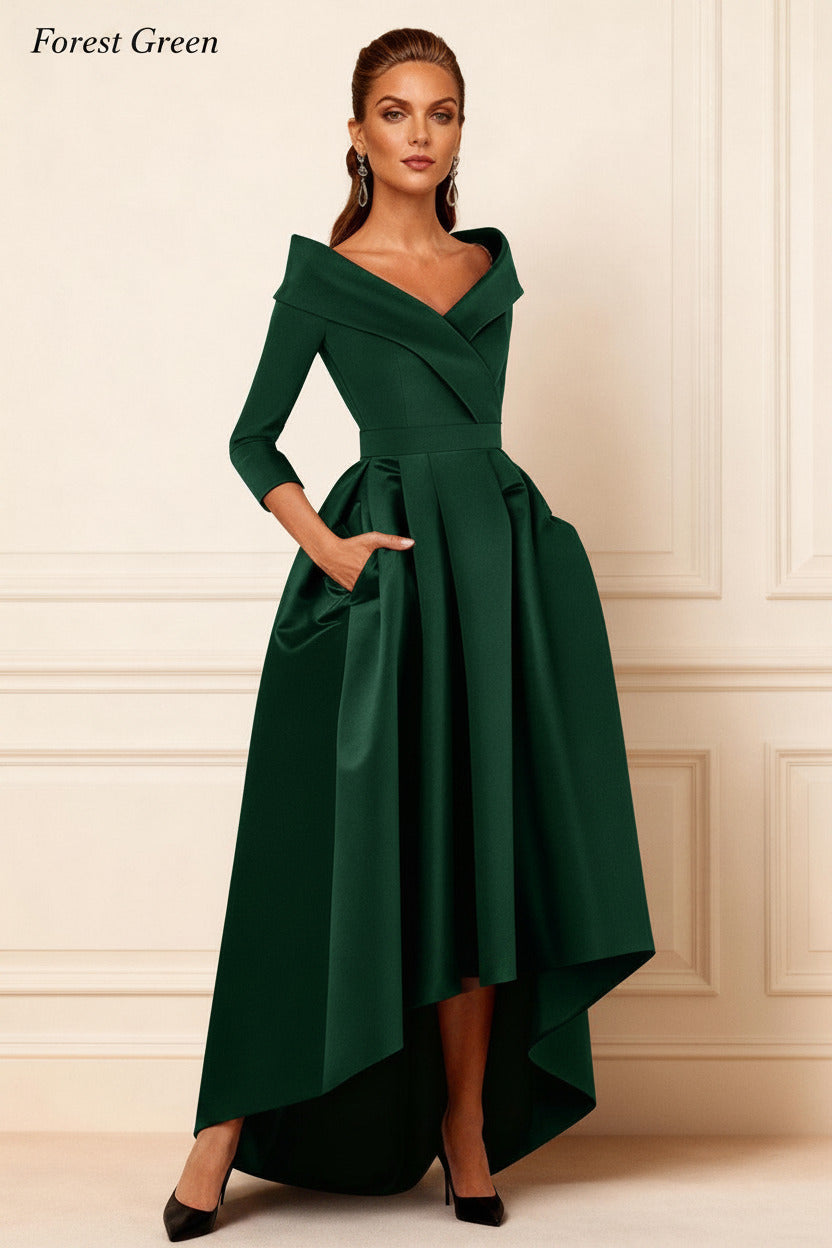 Dreamyannie Dark Navy V Neck Satin High Low Mother Of The Bride Dress With Pockets