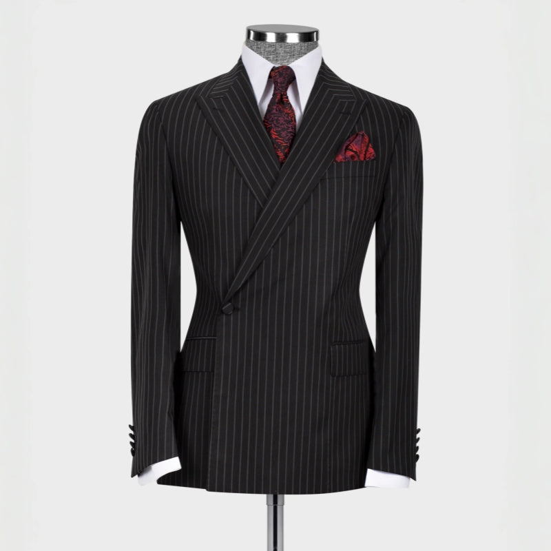 Formal Black Striped Peaked Lapel Business Suit