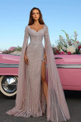 Dreamyannie Beaded Cap Sleeve Prom Dress Sheath Evening Dress with Slit