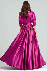 Fuchsia A-Line Bateau Neck Satin Long Prom Dress With Sleeves