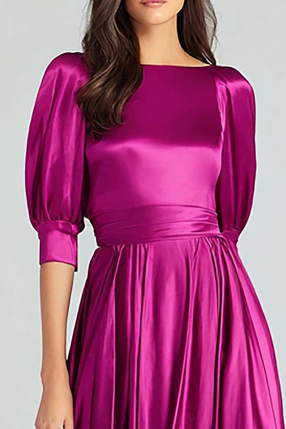 Fuchsia A-Line Bateau Neck Satin Long Prom Dress With Sleeves