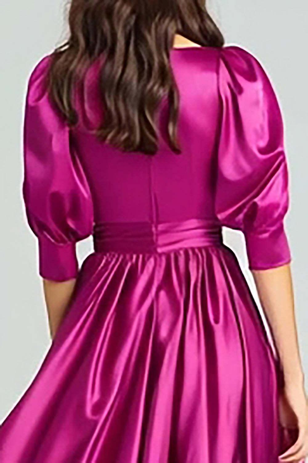 Fuchsia A-Line Bateau Neck Satin Long Prom Dress With Sleeves