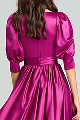 Fuchsia A-Line Bateau Neck Satin Long Prom Dress With Sleeves