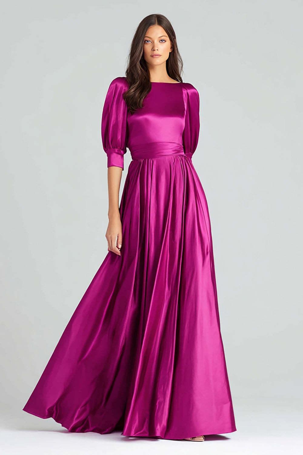 Fuchsia A-Line Bateau Neck Satin Long Prom Dress With Sleeves