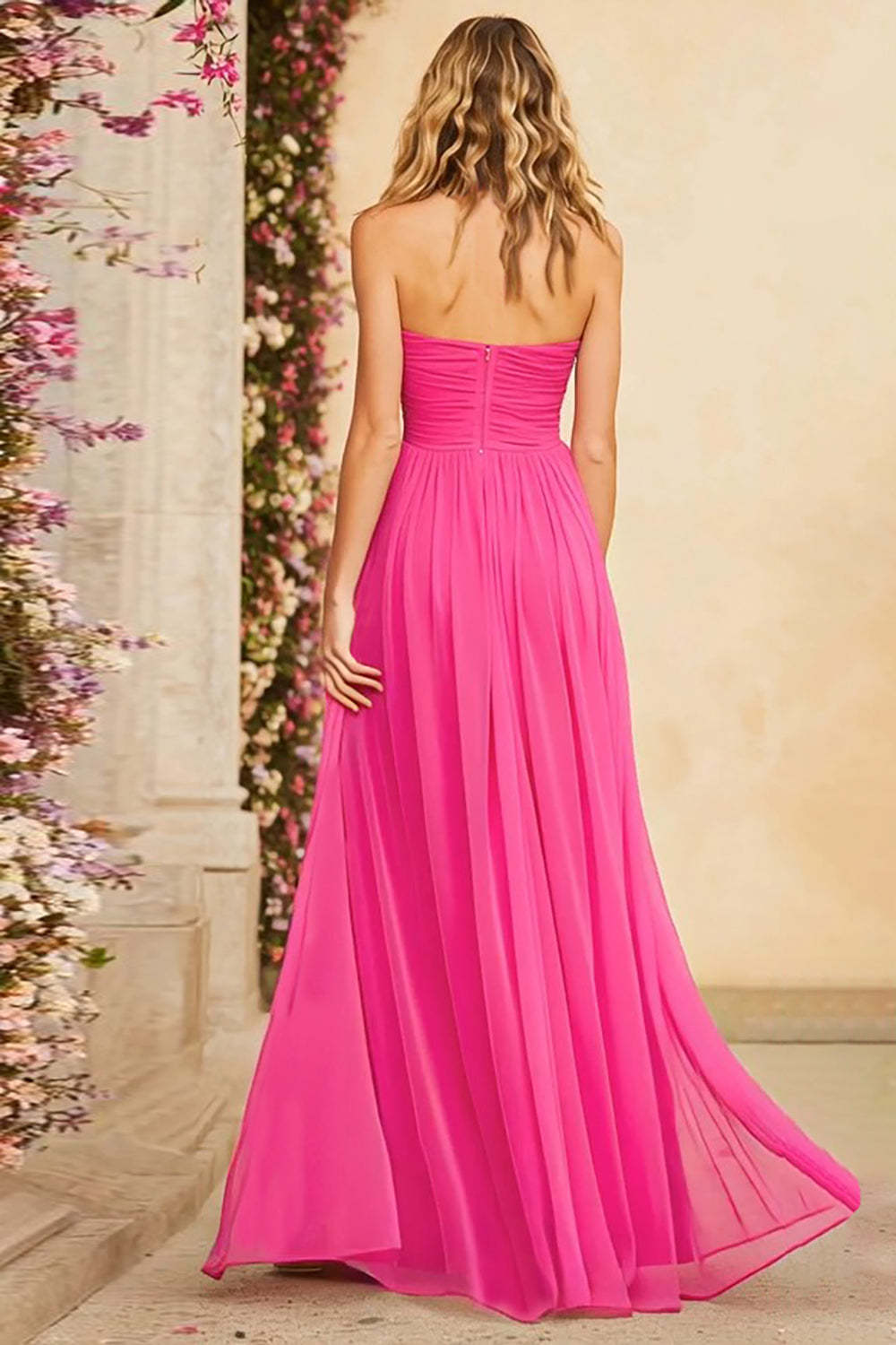 Fuchsia A Line Halter Ruched Keyhole Long Chiffon Prom Dress With Slit