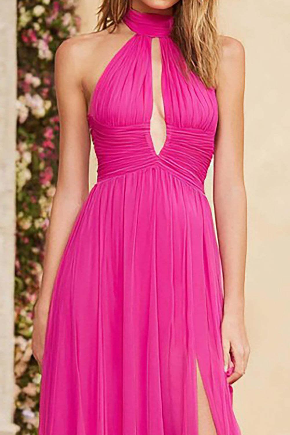 Fuchsia A Line Halter Ruched Keyhole Long Chiffon Prom Dress With Slit