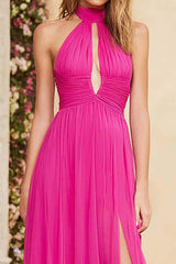 Fuchsia A Line Halter Ruched Keyhole Long Chiffon Prom Dress With Slit