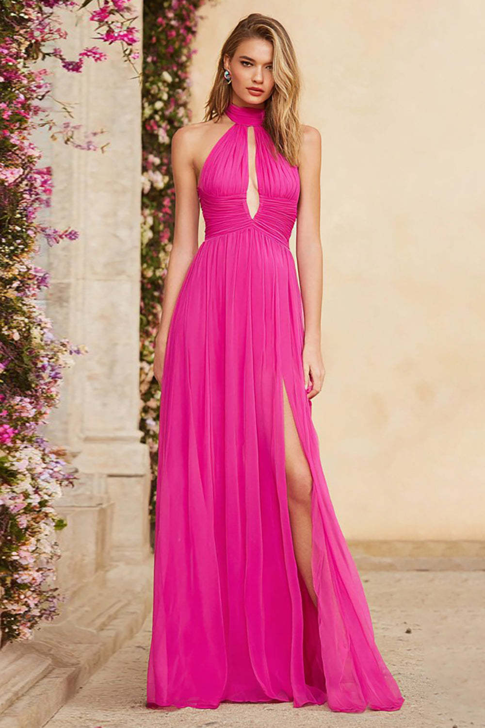 Fuchsia A Line Halter Ruched Keyhole Long Chiffon Prom Dress With Slit