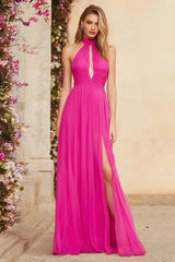 Fuchsia A Line Halter Ruched Keyhole Long Chiffon Prom Dress With Slit