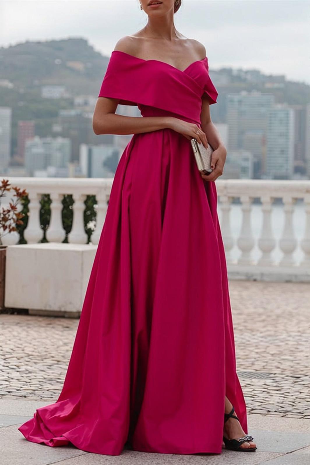 Fuchsia A Line Off the Shoulder Evening Dress Floor Length Wedding Guest Dress with Slit