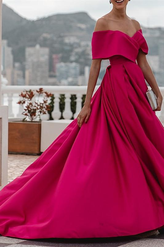 Fuchsia A Line Off the Shoulder Evening Dress Floor Length Wedding Guest Dress with Slit