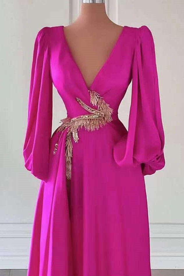 Fuchsia A Line Prom Dress Long Sleeve V Neck Beaded Evening Dress