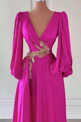 Fuchsia A Line Prom Dress Long Sleeve V Neck Beaded Evening Dress