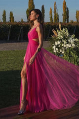 Fuchsia A Line Prom Dress Sleeveless Spaghetti Straps Evening Dress