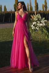 Fuchsia A Line Prom Dress Sleeveless Spaghetti Straps Evening Dress