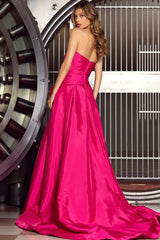 Fuchsia A Line Prom Dress Sleeveless Strapless Satin Evening Dress