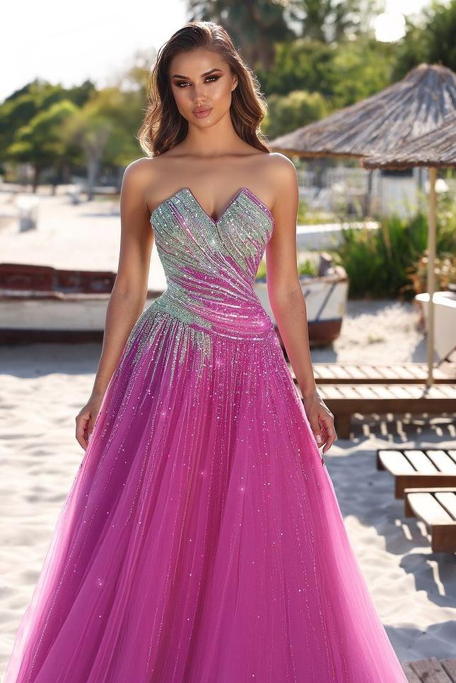 Fuchsia A Line Prom Dress Sleeveless Sweetheart Beaded Evening Dress