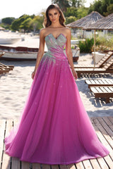 Fuchsia A Line Prom Dress Sleeveless Sweetheart Beaded Evening Dress