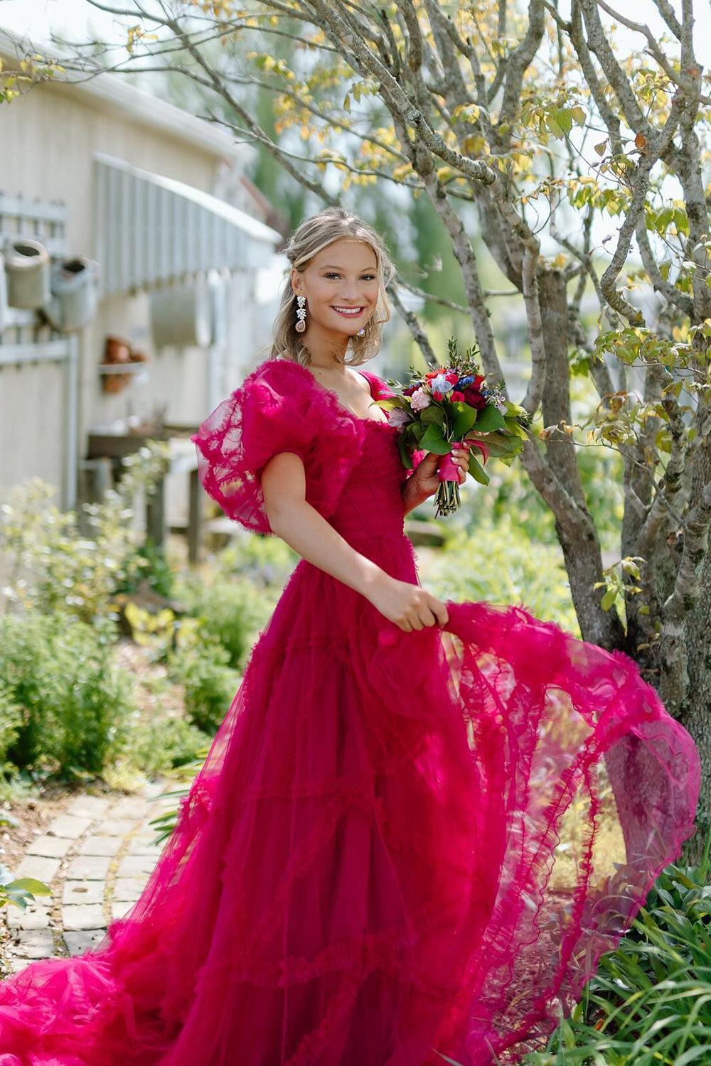 Fuchsia A Line Prom Dress Square Neck Corset Evening Dress with Puff Sleeves