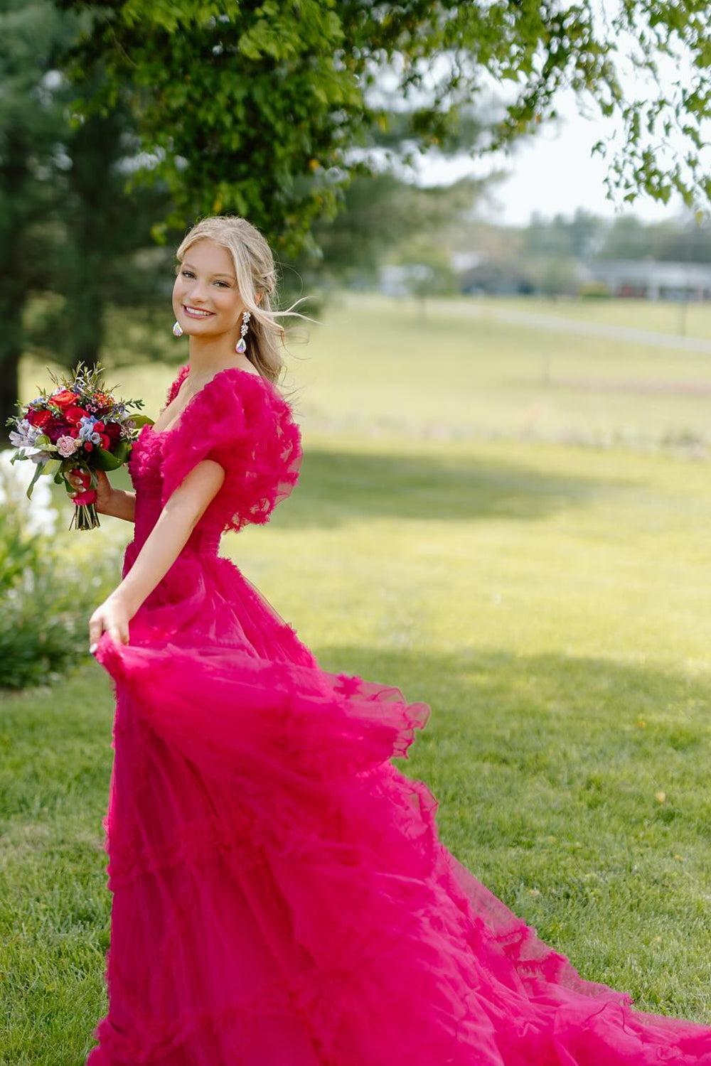 Fuchsia A Line Prom Dress Square Neck Corset Evening Dress with Puff Sleeves