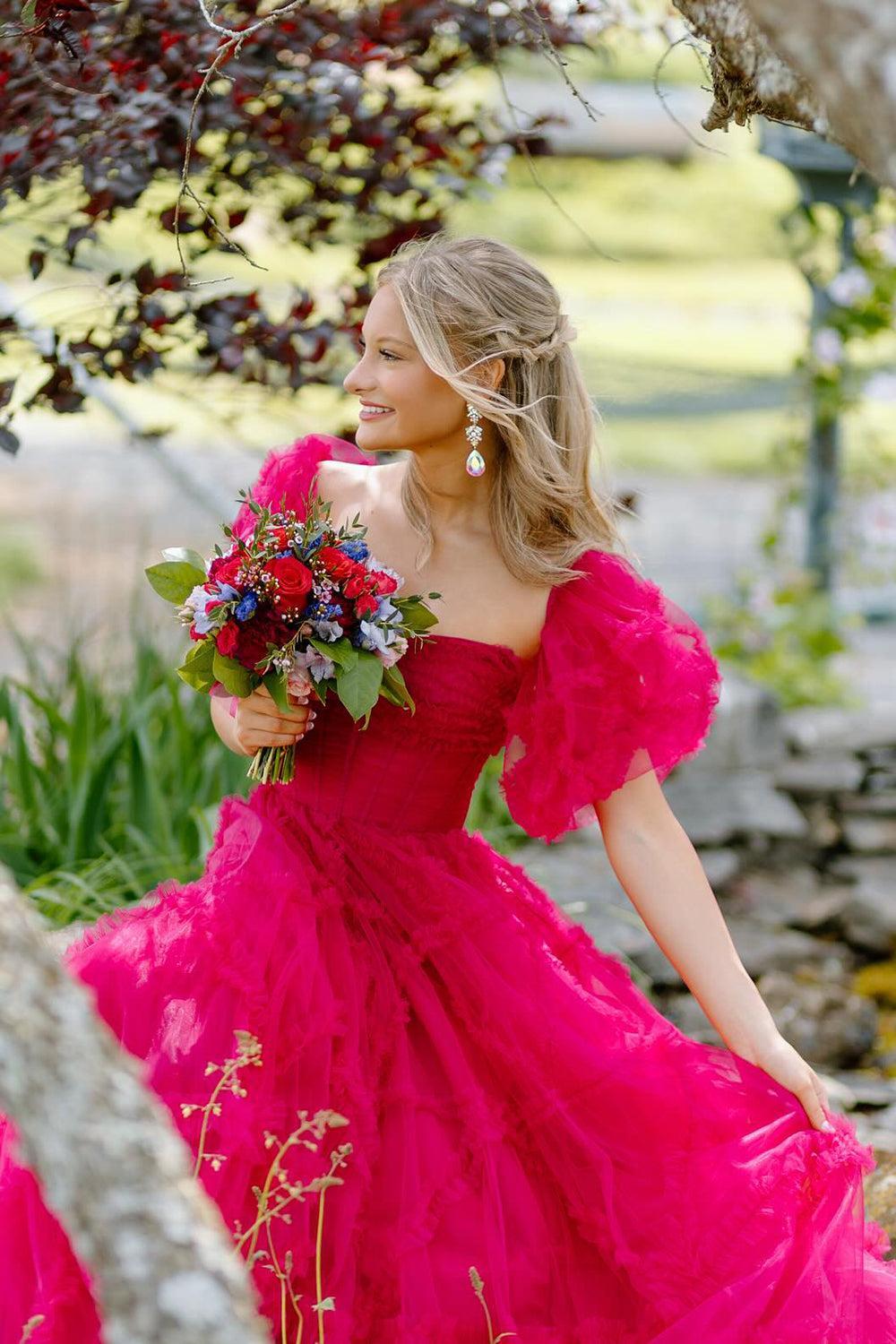 Fuchsia A Line Prom Dress Square Neck Corset Evening Dress with Puff Sleeves