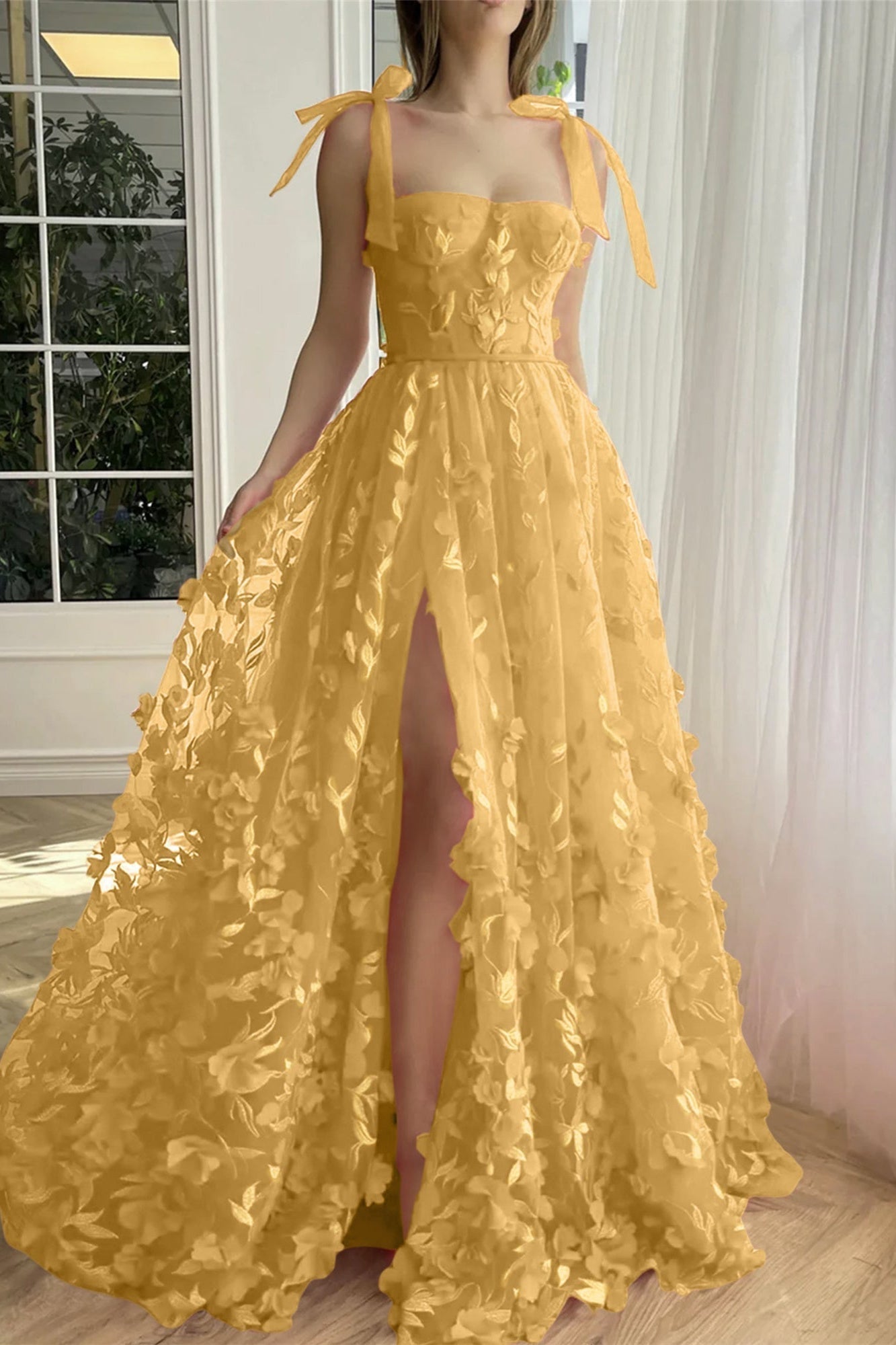 Fuchsia A Line Tulle Prom Dress Appliques spaghetti Straps Formal Dress