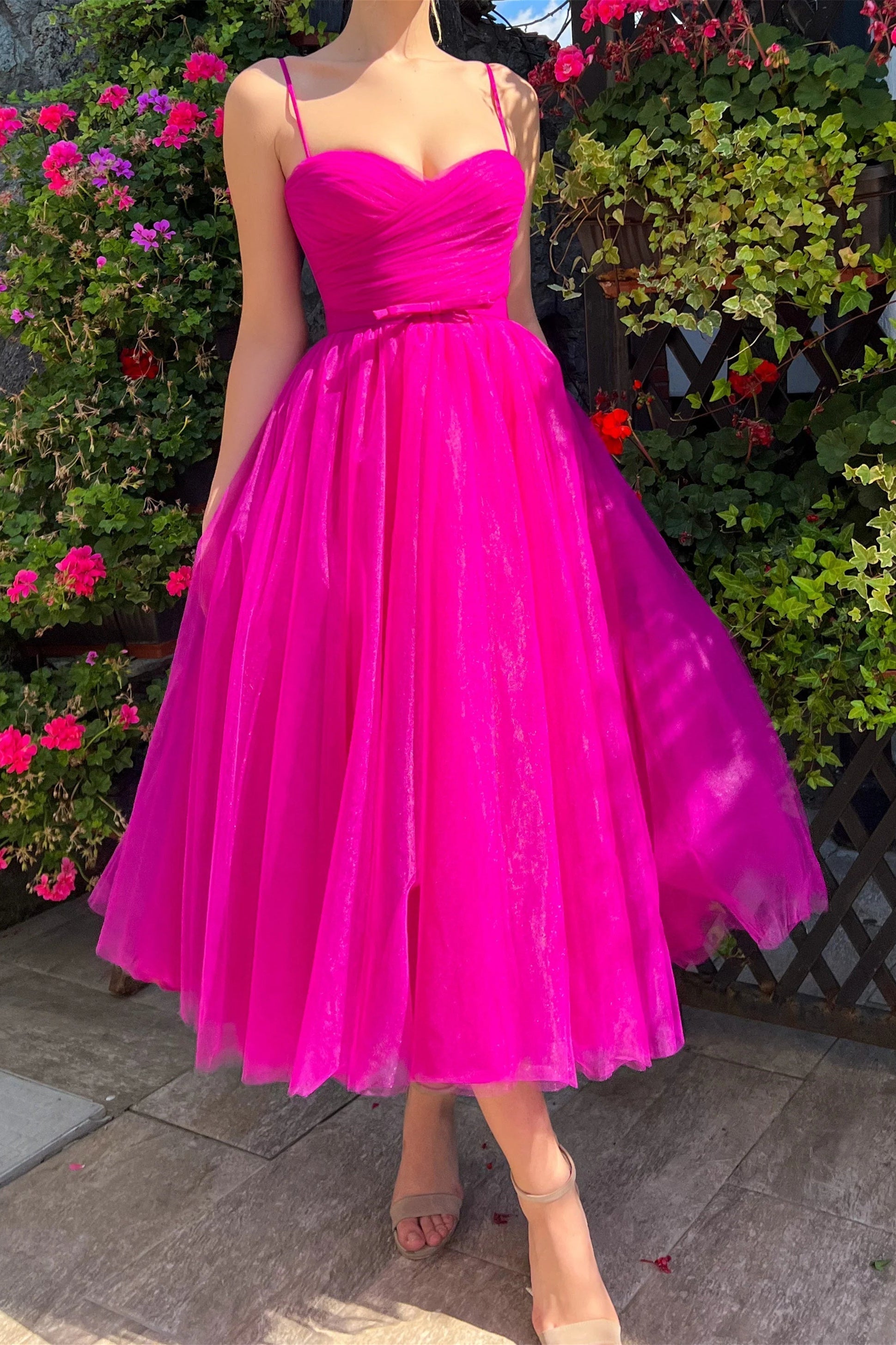Fuchsia A Line Wedding Party Dress Spaghetti Straps Tea Length Prom Dress